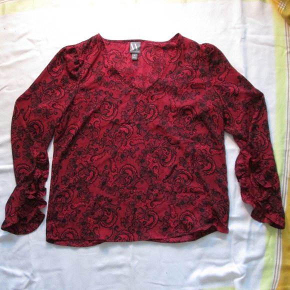 Worthington Red Floral Print V-Neck Blouse w\ Ruffles on Sleeve. Sz M 10… - Picture 1 of 4